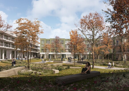 Die farbige Architekturanimation zeigt den grünen Innenhof des Wohnprojekts Grüner Weiler in Münster Gievenbeck in einigen Jahren an einem sonnigen Herbsttag: Das Gebäude "Punkt" mit seiner grünen Fassade geradeaus im Hintergrund. Die Bäume mit rotem Laub wachsen über die Dachhöhe hinaus. Eine junge Frau im T-Shirt ist im Vordergrund zu sehen, zahlreiche Menschen bewegen sich über die Fußwege und sind auf Terrassen und Balkonen zu sehen. 