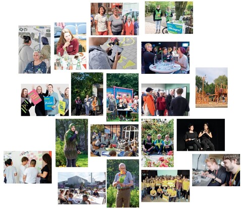 Beteiligung in Münster - Collage aus zahlreichen Fotos, die Menschen bei Beteiligung und Engagement in Münster zeigen. Es sind Menschen verschiedenden Geschlechts, verschiedenen Alters, verschiedener Herkunft 