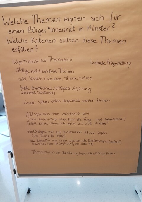 Arbeitswand aus WS 4 des Stadtforums vom 20.6.2024 mit der Frage "Welche Themen eignen sich für einen Bürger*innenrat in Münster? Welche Kriterien sollten diese Themen erfüllen?"