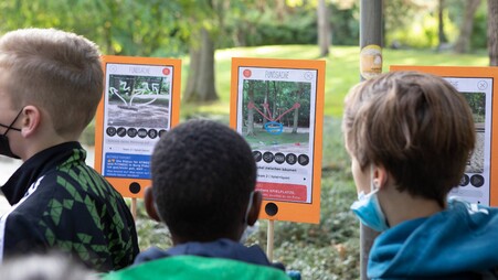 Beim Spaziergang durch Berg Fidel stellen die Kinder ihre Ideen vor.
