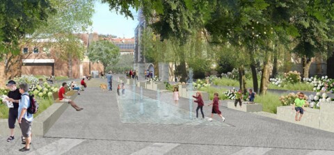 Der dreidimensionale Entwurf zeigt spielende Kinder an einem Wasserspiel, Menschen, die sich unter Bäumen auf Sitzgelegenheiten ausruhen, ein Touristenpaar und im Hintergrund eine Gruppe vor dem Eingang der Apostelkirche