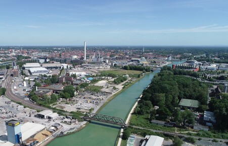 Am Dortmund-Ems-Kanal sollen drei neue Stadtquartiere in den Bereichen Theodor-Scheiwe-Straße, Nieberdingstraße und Am Hawerkamp entstehen.